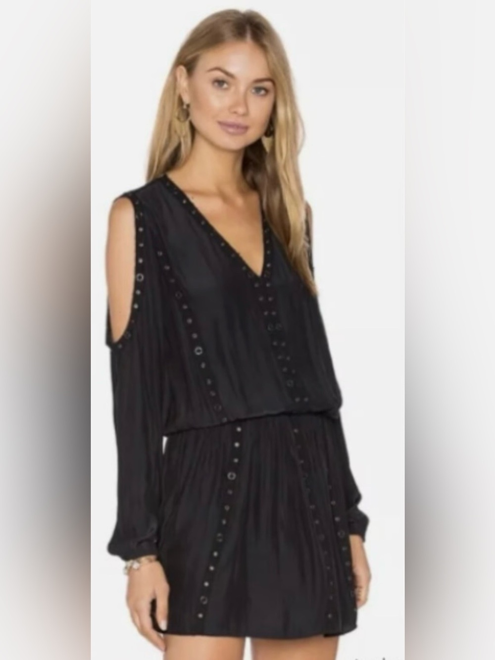 Ramy Brook Maisie long sleeve cold shoulder navy dress with grommet detailing